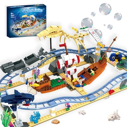 NAFONRU Ocean Adventure Roller Coaster Bausteine Bauspielzeug für Jungen Kinder– Baukasten mit Wal-Achterbahn, sinkendem Piratenschiff, Geschenk für Erwachsene, Kinder, Jungen, Mädchen ab 6 Jahren