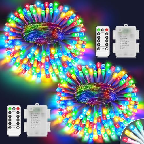 LYNNON Lichterkette Innen Batterie 2×100 LED Fairy Lights Wasserdicht Lichterkette Batterie mit Fernbedienung für Outdoor Party Hochzeit Camping Balkon Zimmer Außen Weihnachtsbaum deko Bunt