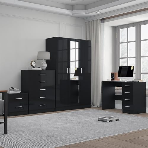 Reflect 3 Door Mirror Wardrobe, 5 Drawer Tallboy Chest, 2 Drawer Bedside Table & Desk/Dressing Table | Black Gloss & Black Oak Finish | Modern Bedroom Furniture Set