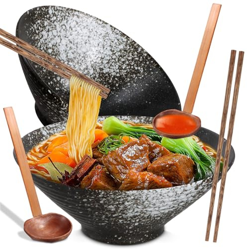 Culinavog 2 Ensemble de Bols Ramen en Céramique, 2×1000ml Bol à Ramen avec Baguettes et Cuillère, Bol à Soupe, Bol de Céréales, Bol de Nouilles, Grandes Saladiers pour Pâtes et Salade