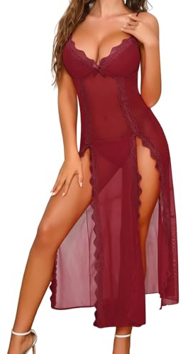 Niwicee Sexiga underkläder dam stygg babydoll outfit babydoll spets mesh lång nattlinne V-ringad underkläder nattkläder klänning set med G-string, rödvin, XL