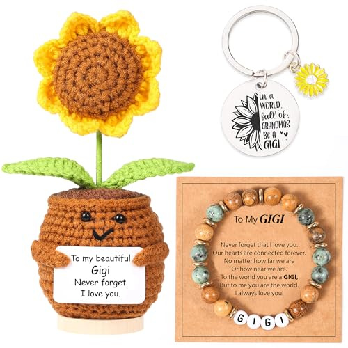 Lamyba Gigi Gifts for Grandma, Sunflower Crochet Decor, Natural Stone Adjustable Bracelet and Keychain Set, Christmas Birthday Mother's Day Gift for Gigi from Grandkids