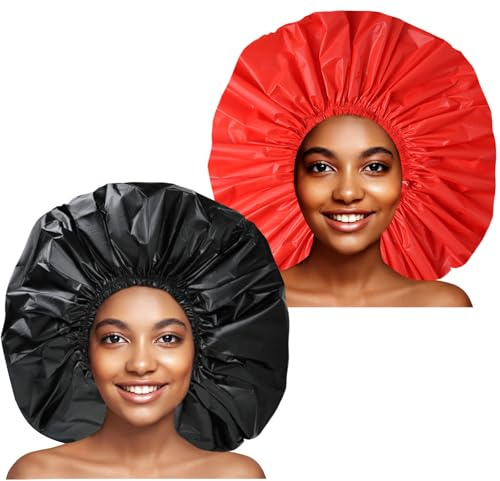 Jumbo Size Shower Cap 2 PCS Waterproof Shower Caps for Women, Extra Large Shower Cap, Reusable Super Large Bath Caps Hair Cap for Long Thick Curly Hair, Locs, Twist Braids - Black+Red