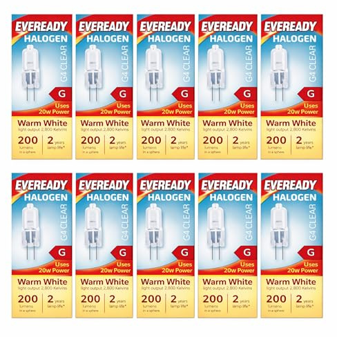 10x G4 Halogen Light Bulbs 20W 12V 2-Pin Base Replacement for Eveready Bulb JC Type Clear Capsule 200 Lumens, Dimmable, Warm White