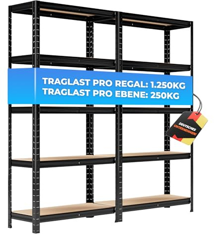 ALL Premium Schwerlastregal 2er-Set150x75x30 cm Schwarz - 1250kg Traglast – Regal 30cm tief & schwerlastregal 30 cm tief, Regal 150cm hoch ideal für Lager & Keller