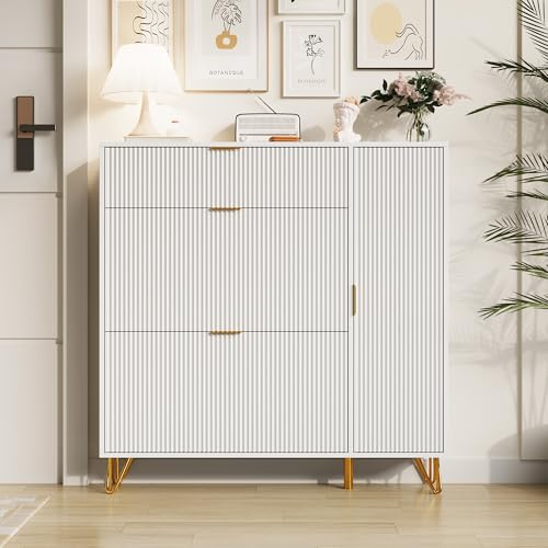 Skoskåp med 2 klaffar, smalt skoskåp med 1 låda och 1 dörrskohylla, skobyrå, skoskåp med skiljevägg, justerbar, för entré, hall (vit, 110 x 24 x 114,5 cm)