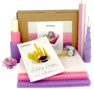 Wachsmann Kerzen selber machen Set – 15 Bienenwachsplatten (15 x 20 cm) mit Hanfdochten für 15 Bienenwachskerzen, 100% reines Bienenwachs aus Deutschland, Dochte 21 cm, Adventskerzen & Geschenk