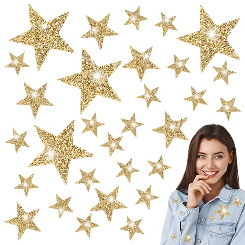 30 Stück Sterne zum Aufbügeln in Gold, Glänzende Stern-Patches mit Pailletten & Strass, 3 Größen Mix, Sternförmige Bügelbilder für T-Shirts, Jeans, Hüte, Taschen und Kleidung