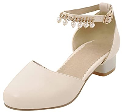 YIzdegg Flicka prinsesskor, klädskor med klack klack klack skor rund tå bröllop skor ankle-Strap högklackade skor elegant ballerina singel skor andas flickskor, Beige, 28 EU