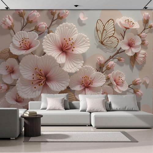 Murales 3D De Seda, Pintado Panorámico Mariposas Flores De Cerezo Mural Para Artística, Papel Tapiz Fotográfico Flores En Relieve 3D Decoración Póster De Pared Salón Dormitorio 250x175cm