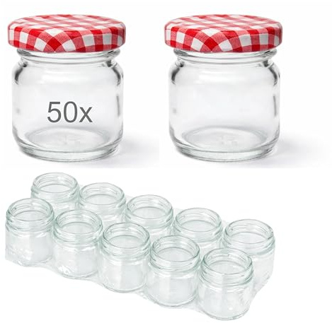 Devitre 50x Mini Einmachgläser 40 ml mit Deckel rot/weiss und Etiketten