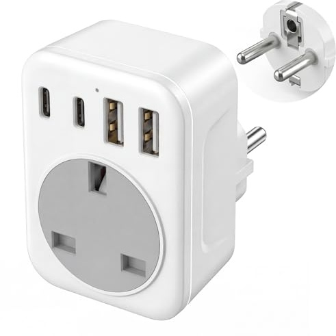 UK to European Travel Adaptor with 4 USB Ports(1 USB C),UK to EU Plug Adaptor – 40W USB C Fast Travel Adaptor, Grounded Type E/F Schuko Charger for France, Spain, Germany, Italy, Turkey, Poland,