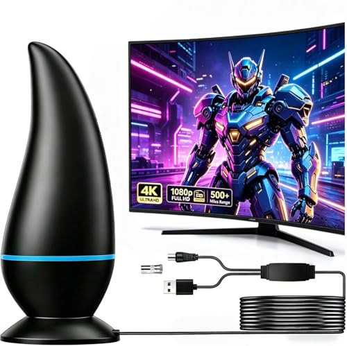 Indoor TV Aerial with Signal Booster, 500+ Miles Range Digital Antenna, 360° Omnidirectional Reception, Compatible with Freeview Smart Televisions (Large)