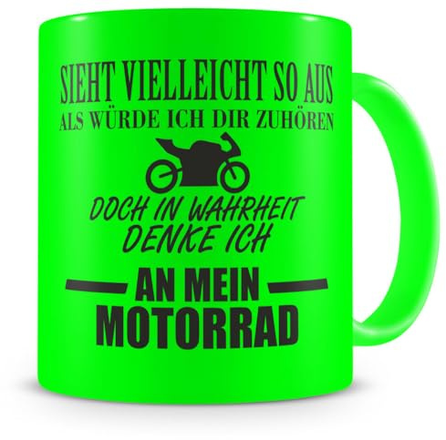 Samunshi® Tasse mit Spruch Ich denke an mein Motorrad Geschenk für Männer Kaffeebecher Kaffeepott 300ml neon grün