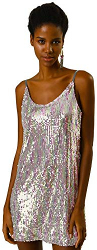 Allegra K Disfraz de Navidad Mini Vestidos De Lentejuelas de Fiesta Escote en V Sexy sin Mangas Disfraces De Halloween para Mujer Color Plata (con Rosas) XS