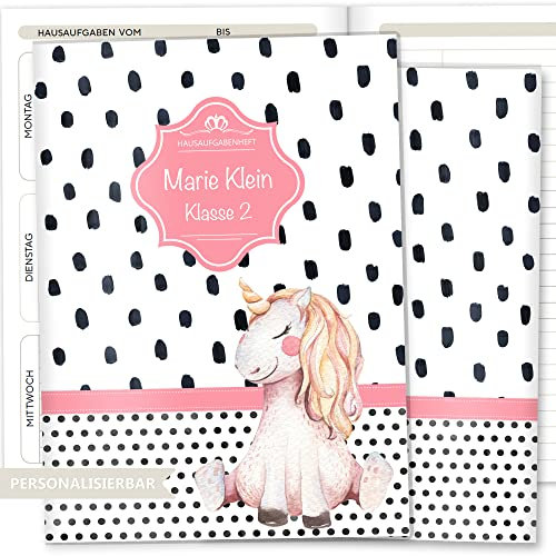 OLGS Hausaufgabenheft Hülle Creative Royal inkl. Heft Schulheft Schutzhülle Umschlag Geschenkidee Einschulung personalisierbar mit Namen und die Schulklasse (personalisiert, Einhorn)