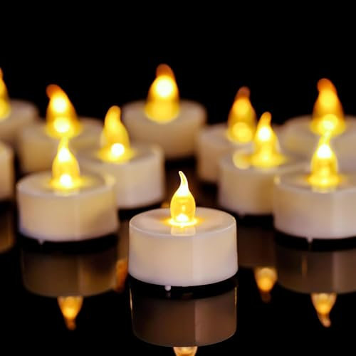 Tea Lights, 12 Pack Flameless LED Tea Light Candles 200 Hours Realistic Flickering Battery Operated Tea Lights Electric Fake Candles for Halloween Christmas Weding in Warm Yellow