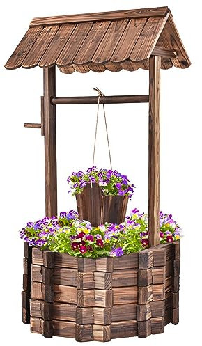 DREAMADE Holzbrunnen mit Dach, Dekobrunnen aus Tannenholz, 115 x 60 x 76 cm, Wunschbrunnen, Gartenbrunnen mit Höhenverstellbarem Eimer, Garten Dekoration
