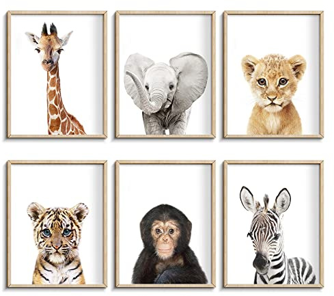 Set of 6 Baby Safari Nursery Wall Decor - Picture Cute Animal Wall Prints on Canvas, under 20 dollars gifts for Baby Boys and Girls Room, UNFRAMED Wall Art(12 x 16 inch)