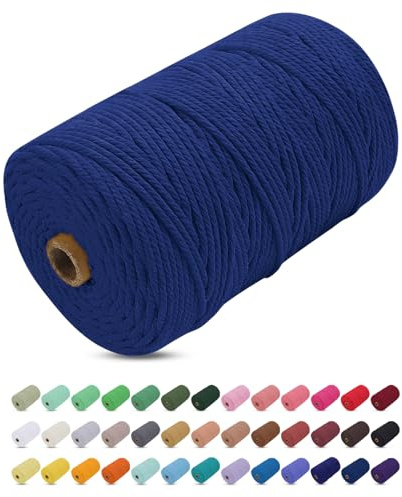 Uiopa Hilo Macrame 3mm x 200m, Cuerda Macrame Gruesa Cuerda de Algodon Natural, Cordel Colores Hilo de Algodón para Manualidades, Macrame Pared, Cortinas, Colgar Plantas, Colgar Fotos (Azul)
