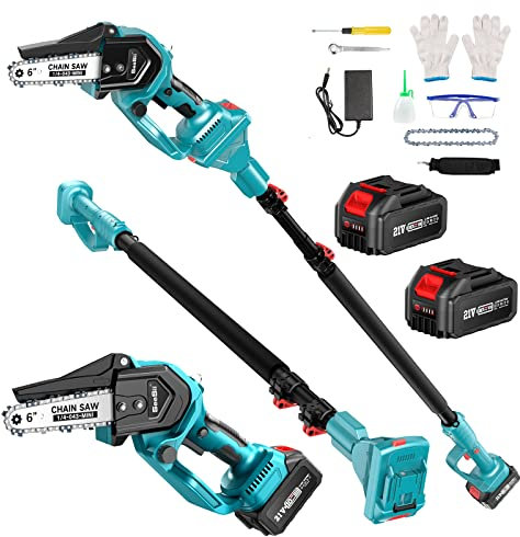 Seesii 6 Zoll Mini Kettensäge mit Akku 8000mAh, Bürstenlose Teleskop Kettensäge, Automatisches Öl-System, 30 ml Öltank, 2 in 1 Astsäge mit Teleskopstiel inkl. Tragegurt, bis zu 4,57m Arbeitslänge