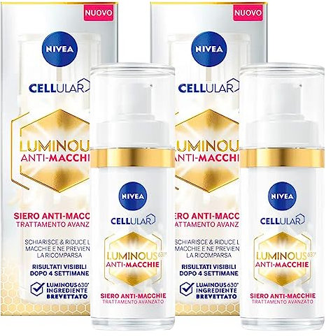 Nivea Cellular Luminous630 Siero Viso Anti-Macchie Trattamento Avanzato Formula con Acido Ialuronico e Vitamina E Idratante Illuminante Uniformante Contro Macchie Scure - 2 Flaconi da 30ml