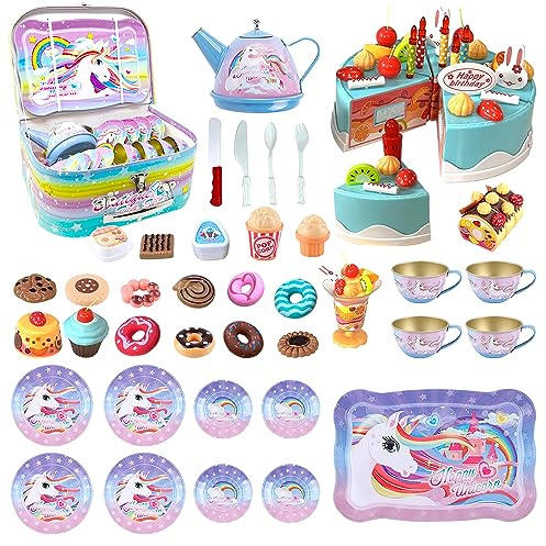 Xwin Sportseries 115 Pcs Unicorn Tea Party & Birthday Cake Light-Up & Musical Cake Set Kids Pretend Play Cutting Food Kitchen Toys Including Dessert Cookies Gift for Kids Toddlers Girls