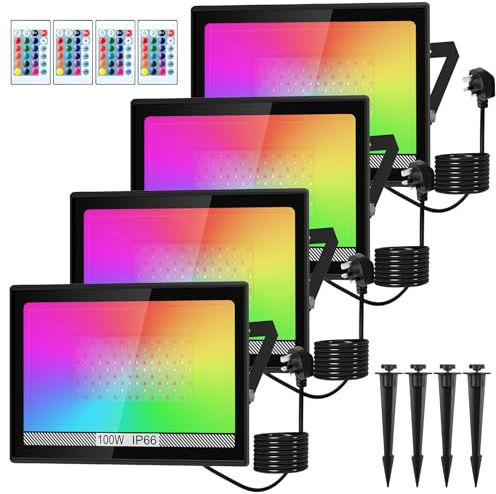 NATPOW RGB Flood Lights, LED Floodlight 100W Colour Changing Outdoor Security Light with Remote Control IP66 Waterproof Dimmable Flood Lights Wall Light for Garden Party Stage(4 Pack)