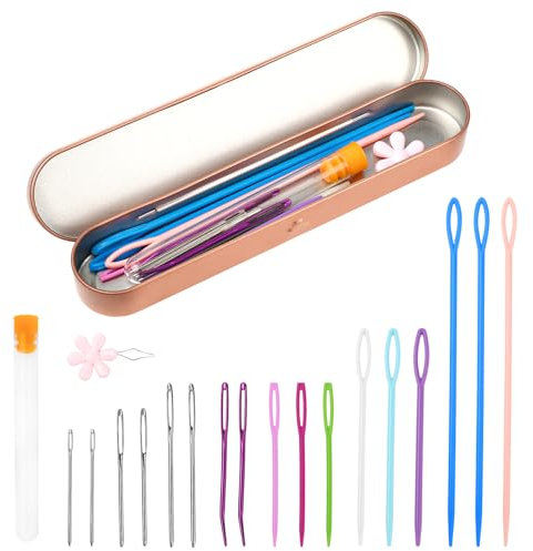 Dimeho 20 agujas de coser de plástico para ojos grandes con caja de almacenamiento, agujas romas de ojo grande, agujas de tapiz dobladas, agujas de tapiz coloridas de seguridad, enhebrador de cordones