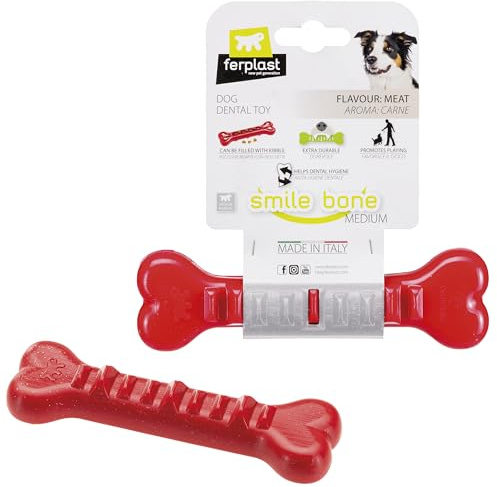 Ferplast Gioco Cane, Osso Dispenser Crocchette Cani, in Materiale Durevole da Masticare, Aroma Carne, per Igiene Dentale, SMILE Osso, Giochi per Cane Medio, Rosso