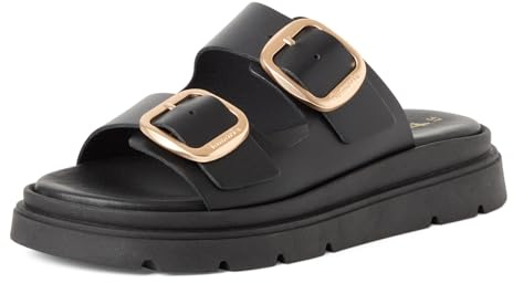 Tamaris Damen Keilsandalen, Frauen Sandalen,TOUCHit-Fußbett,modern,Nieten,Schleifen,Strass-Steine,schwarz,braun,Rose,rot,Black Leather,38 EU