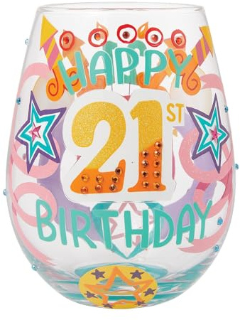 Enesco Lolita Designs Happy 21st Birthday - Bicchiere da vino senza stelo dipinto a mano, 590 ml, multicolore