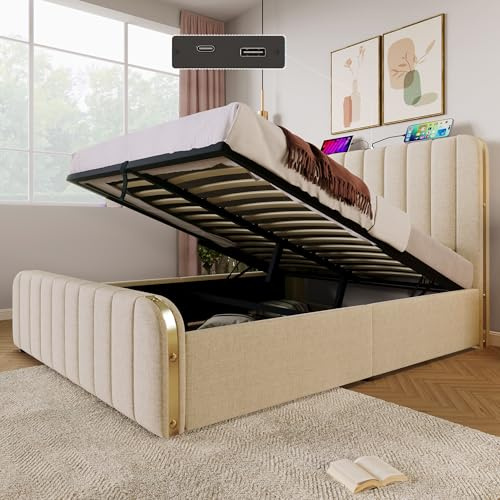 KUAKE Polsterbett 180×200 cm, gepolstertes Kopfteil mit goldenen Zierstreifen und,USB Typ-C Ladefunktion, Beige Leinen-Material Hydraulisches Lagerbett (180x200cm)