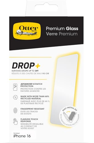 Otterbox Premium Glass Protecteur d'écran pour iPhone 16 | Verre trempé, protection avancée anti-rayures, résiste aux chutes jusqu'à 0,9 m