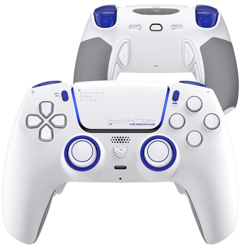 HEXGAMING PHANTOM Pro Gaming Controller per ps5/PC,Wireless Joystick con 4 Pulsanti Posteriori Rimappabili&6 Profil&8 Levette Analogiche Intercambiabili&Trigger Grilletti Regolabili-Bianco Visione