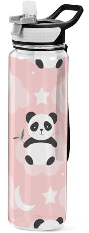 Mnsruu Transparente Sport-Wasserflasche mit Strohhalm, auslaufsichere Trinkflasche, niedliche Pandas, weiße Sterne, Monde, Rosa, Fahrradflaschen für Sport, Büro, Schule, BPA-freier Tritan-Kunststoff,