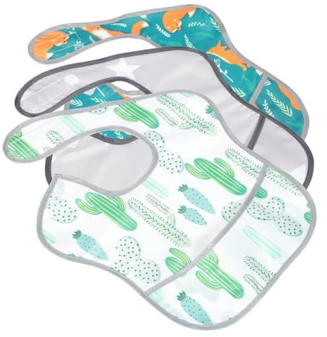 MOBUTOFU 3stücke Verstellbare Atmungsaktivem Und Wasserabsorbierend Für Essenszeiten Und Spielspaß Mit Süßen Designs Fuchs Graue Sterne Kaktus