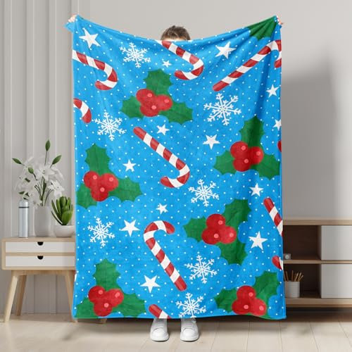 Weihnachtliche blaue Stechpalmen-Decke, Winterurlaub-Dekoration, Überwurfdecke, weiche, gemütliche, warme Decke für Sofa, Bett, alle Jahreszeiten, 127 x 152 cm