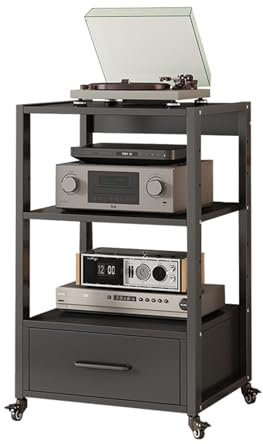 SGKOMN 3-Tier AV Media Stand Cabinet with Storage Drawer, CD Player Stand Stereo Component Cabinet Audio Rack Tower with Height Adjustable Wooden Shelf for H