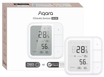 Aqara Termostato W100 Intelligente Thread/Zigbee, Monitoraggio della Temperatura e dell'Umidità, Wireless, Controllo Remoto HVAC, 3 Pulsanti Personalizzabili, Funziona con HomeKit, Alexa, Google