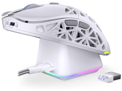 ENDORFY LIV Plus Wireless Onyx White Gaming Maus RGB, kabellose Maus 69 g, PixArt PAW3395, 26000 DPI, Bluetooth, 2.4 GHz, Ladestation, PTFE