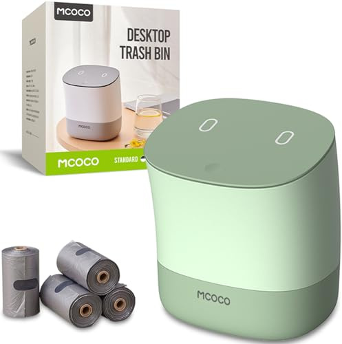 MCOCO Mini Trash Can with Pop Up Lid Portable mini Garbage can Little Plastic Trash Bin for Bedroom Bathroom Desk Coffee Table or Kitchen 0.4 Gallon Green(Grey/White) with 30 Trash Bags