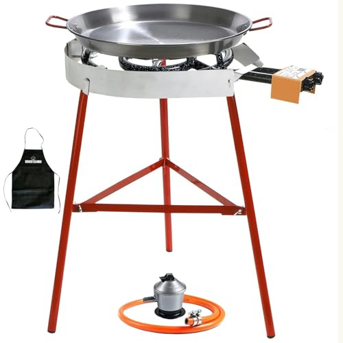 Bricolemar Kit paellero gas 40 cm con paellera 42 cm y soporte estable – set completo con paravientos KABRA, regulador y manguera para cocinar paella al aire libre