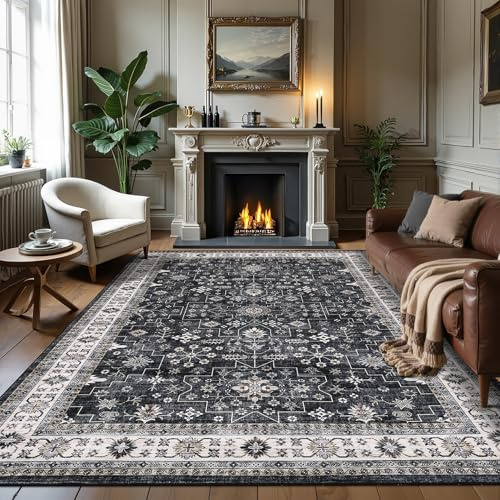 GarveeHome Black Area Rugs 8x10 for Living Room, Vintage Tribal Large Washable Rug Soft Non Slip Backing Floor Mat Carpet Indoor Thin Accent Rug for Bedroom Dining Room Playroom Nursery Home Decor