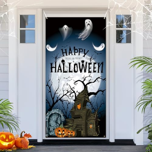 PartyYaa Cartel de puerta de Halloween, decoración de cabina de fotos, fantasma y casa encantada, adorno de fiesta para interiores y exteriores (negro)
