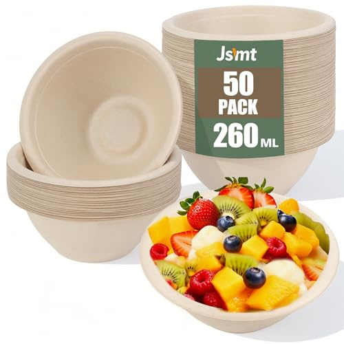 JSMTKJ 50 Stück Einwegpapierschalen, 260 ml Einweg Suppenschalen, Umweltfreundliche Papierschalen Biologisch Aabbaubar und Kompostierbar für Party Haushalt Picknick Natur