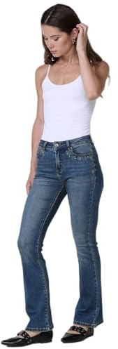 Koroshi Pantalón Jeans Boot Cut Mujer Tiro Medio con Tachas Azul Oscuro, de Color Azul OSC/Dark Blue, Talla 34