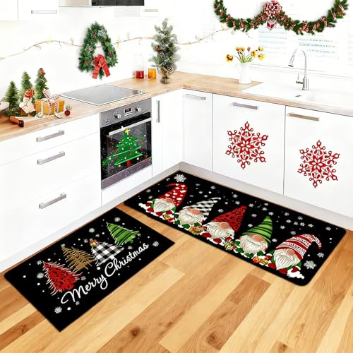 LUKYLUM Weihnachtliches Küchenteppich-Set, Weihnachts-Badezimmermatten, rutschfest, waschbar, Fußmatte, Badezimmerteppich, Weihnachts-Küchenläufer und Teppiche, Bodenmatte für Flur, Schlafzimmer, 40 x