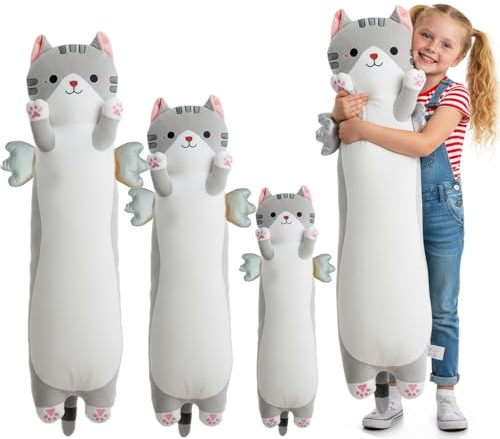 Long Cat Plush Pillow, Cute Cat Stuffed Animal Body Pillow with Wings, Soft Kawaii Kitty Hugging Pillow, Christmas Valentine's Birthday Gift for Kids Girls Boys (Gray, 60cm/23.62in)