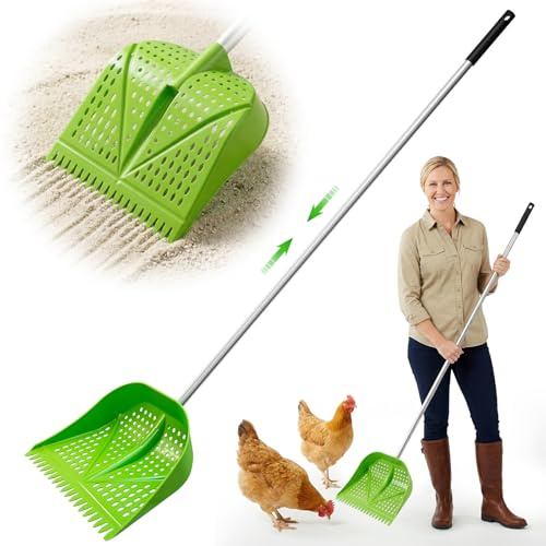 Chicken Poop Scooper & Rake 2-in-1, Adjustable Handle Length from 38 to 66, Features Manure Sifting Capability – Ideal for Chicken Coops and Farm Animal Cleaning (Green)